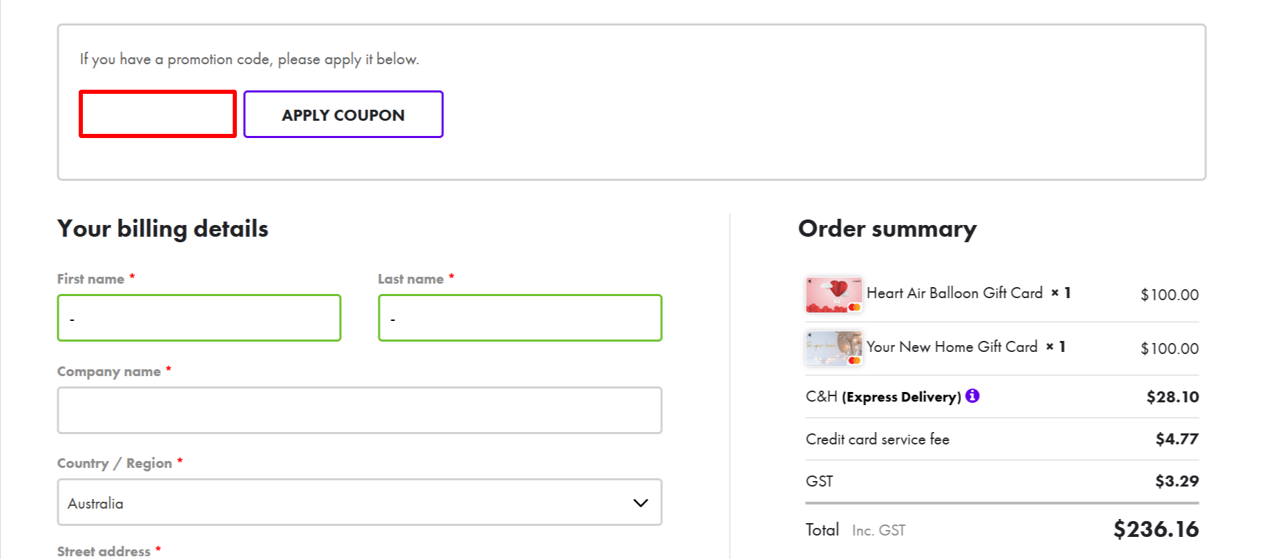 Image: The brand checkout page with where to add the GiftCardStore discount code highlighted with a red box The brand checkout page with where to add the GiftCardStore discount code highlighted with a red box