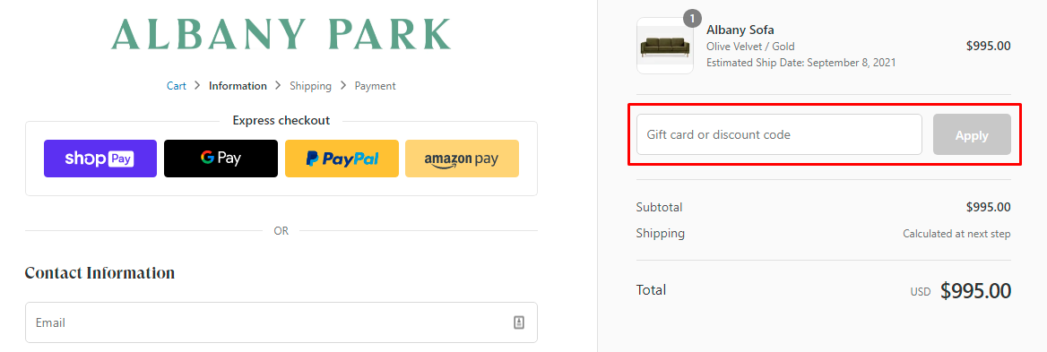 How do I use my Albany Park discount code?