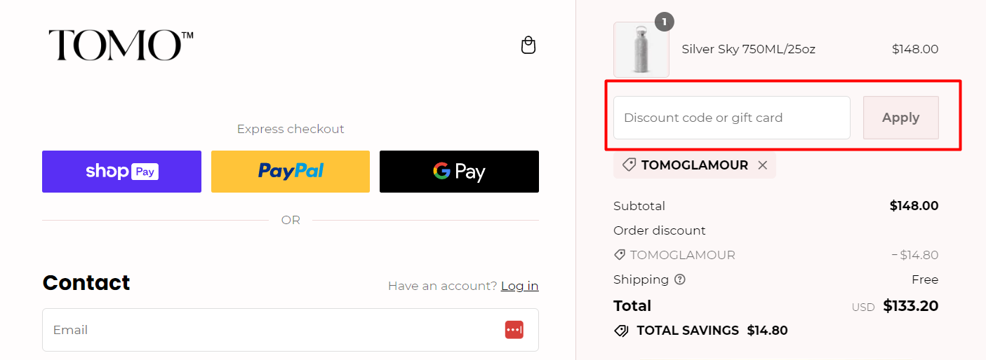 How do I use my TOMO Bottle discount code?