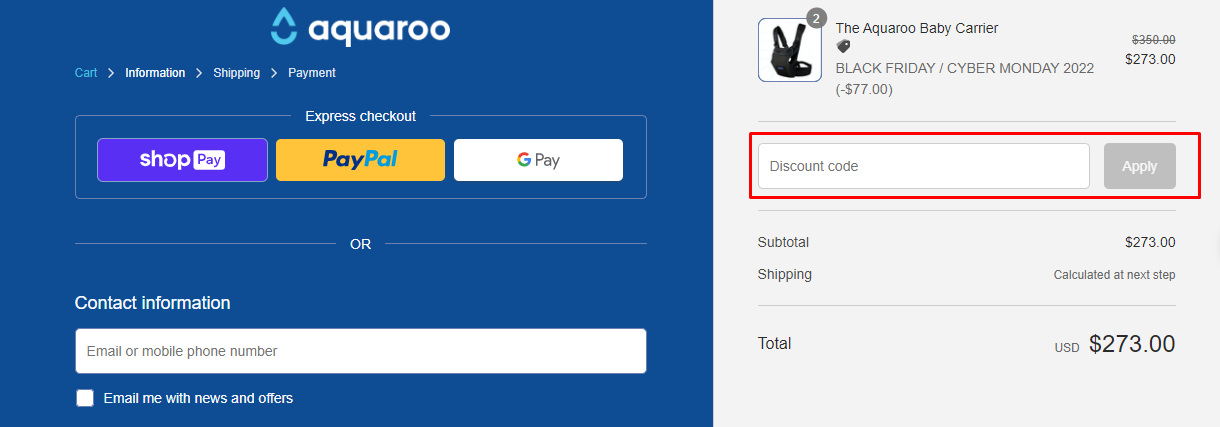 How do I use my Aquaroo Baby Carrier discount code?