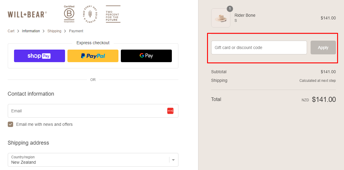 How do I use my Will & Bear discount code?