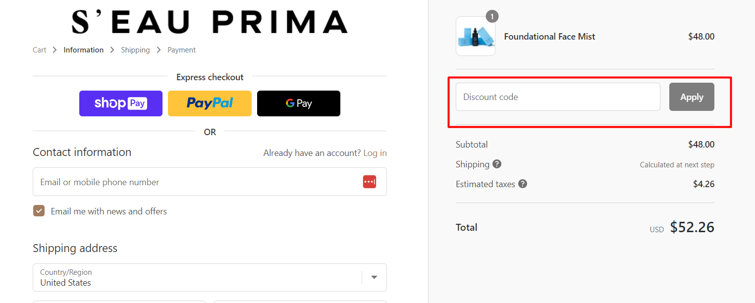 How do I use my S'eau Prima discount code?