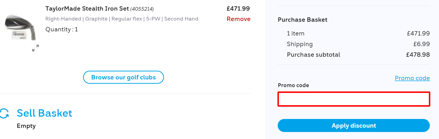 The checkout page that is showing a highlighted red box where to add a Golfbidder promo code.