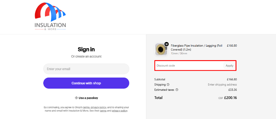 Insulation & More checkout page with a rectangle around the discount box to add a promo code