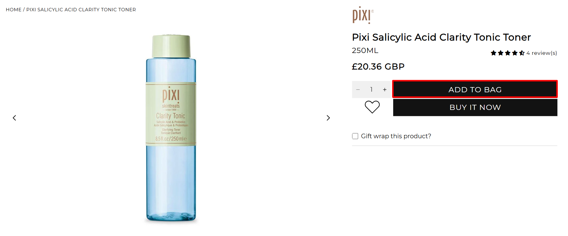 A Cloud 10 Beauty product description page with the “Add To Bag” button highlighted with a red box