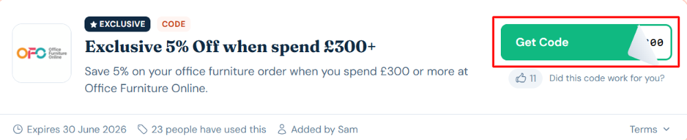 An Office Furniture Online discount code with "Get Code" in a red box