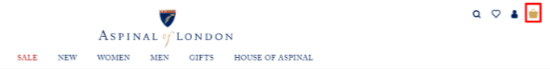 The Aspinal of London shopping page and the basket icon at the top right-hand corner