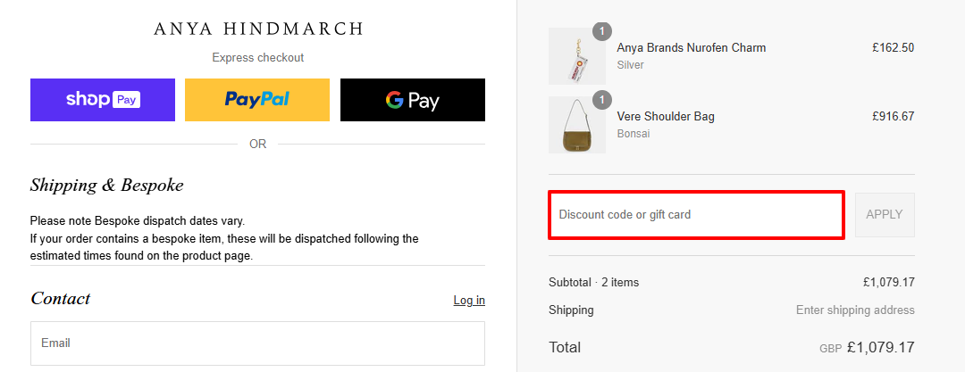 The Anya Hindmarch checkout page with where to paste the Anya Hindmarch voucher code in a red box.