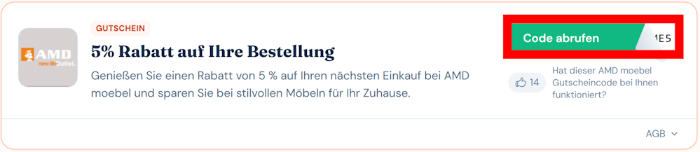 Angaben zu einem Rabatt für AMD Moebel mit rotmarkiertem grünen Button