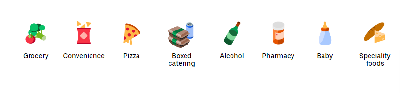 A collage on a white background showing animated grocery, pizza, boxed catering, alcohol bottle, feeding bottle and specialty foods