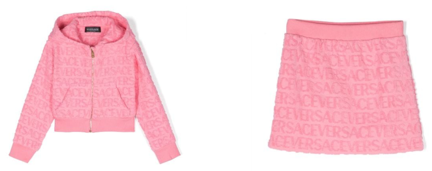 Zwei unterschiedliche pinke Kleidungsstücke für Kinder von der Marke Versace Kids