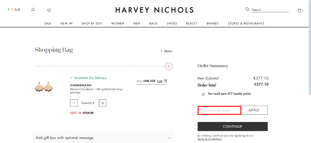 Harvey Nichols discount place in the shopping bag