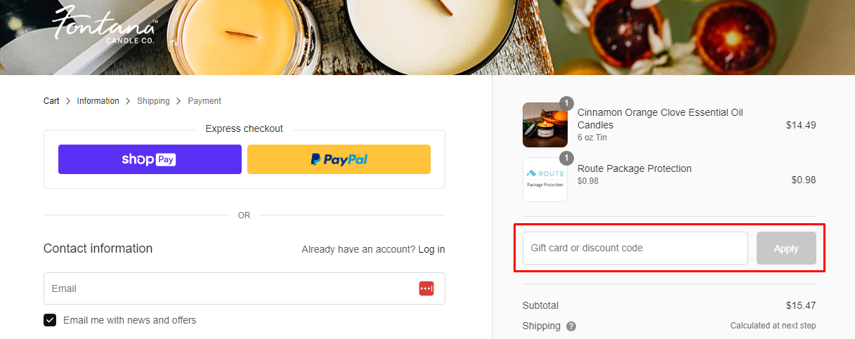 How do I use my Fontana Candle Company discount code?