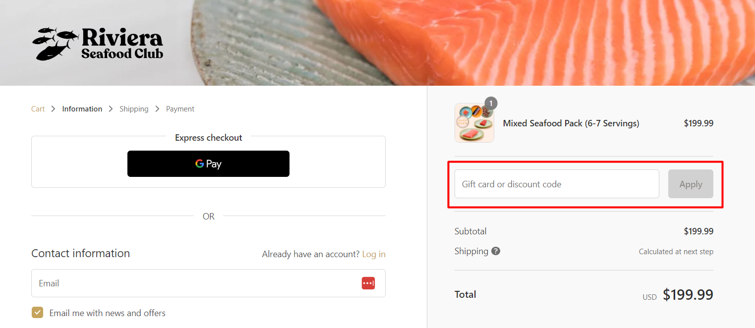 How do I use my Riviera Seafood Club discount code?