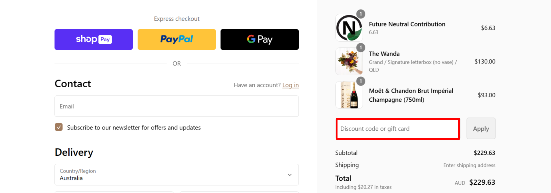 The brand checkout page with where to add the Floraly discount code highlighted with a red box