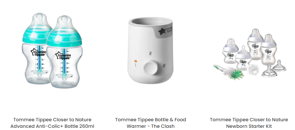 Two tommee tippee anti-colic bottles, a bottle and food warmer and a newborn bottle starter kit