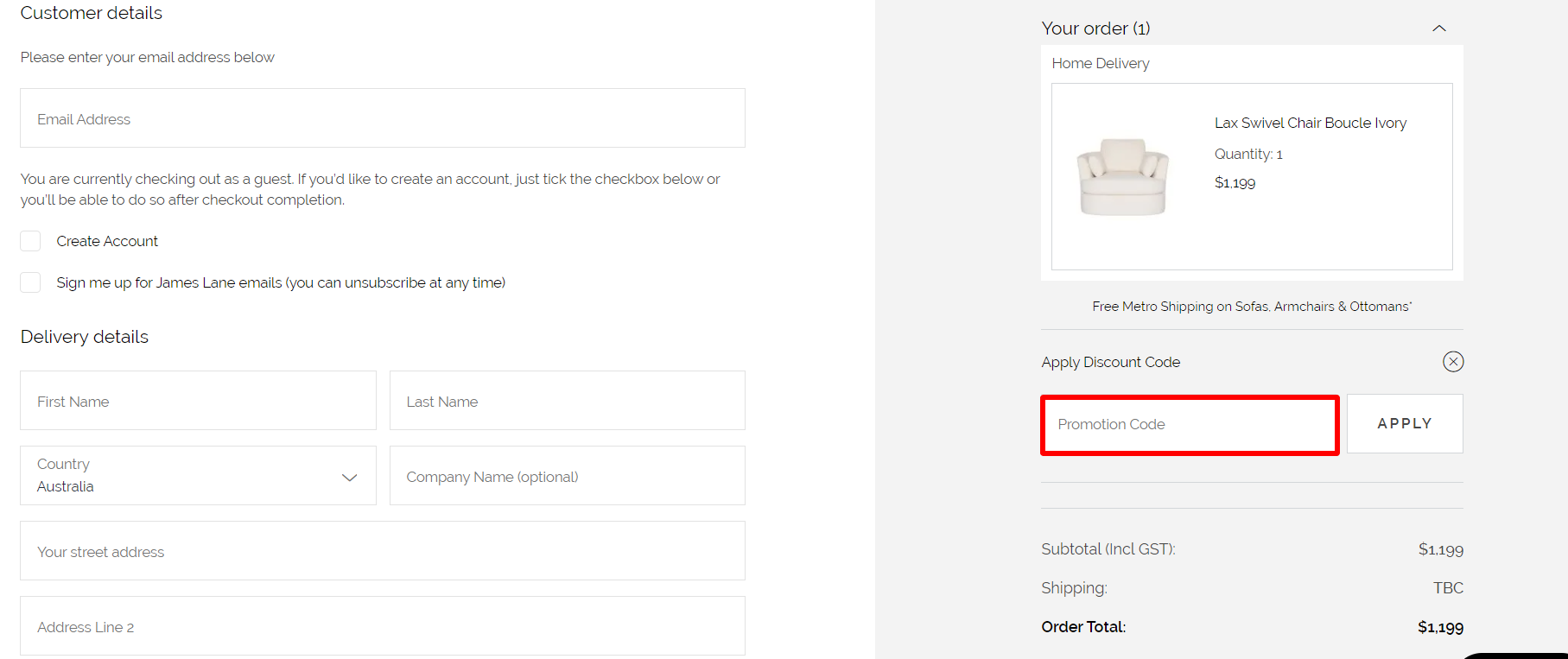 The highlighted red box at the brand checkout page is showing where to add the James Lane discount code.