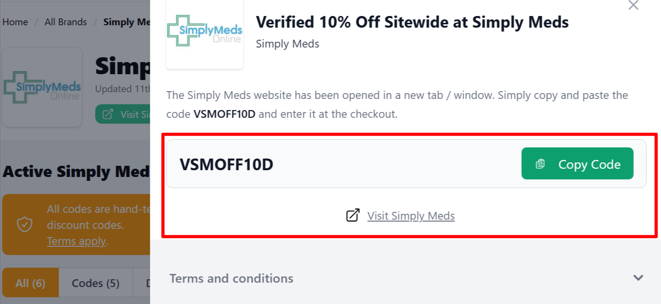 A Simply Meds discount code on an onscreen page on our site