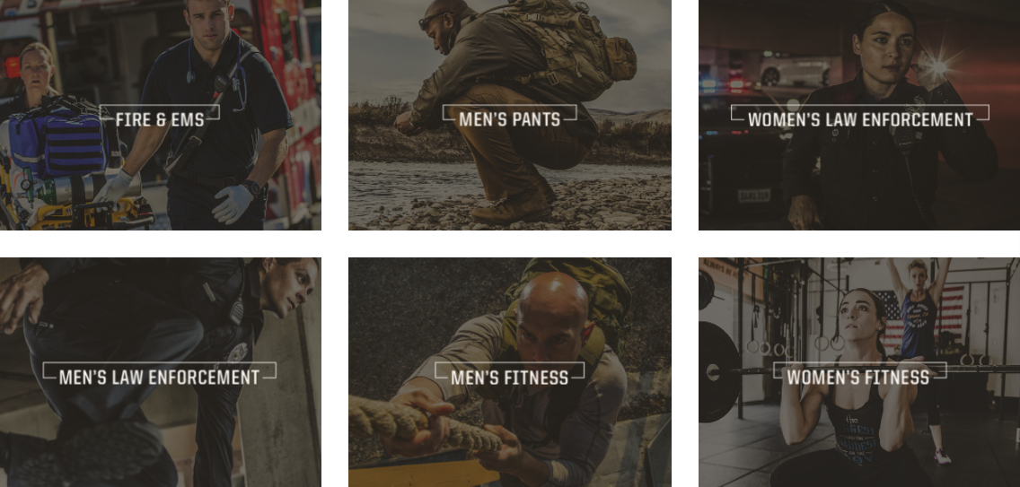 5.11 Tactical products sold on their website with different categories displayed for easy access