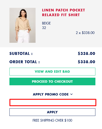 The brand checkout page with where to add the Tommy Hilfiger discount code is highlighted with a red box