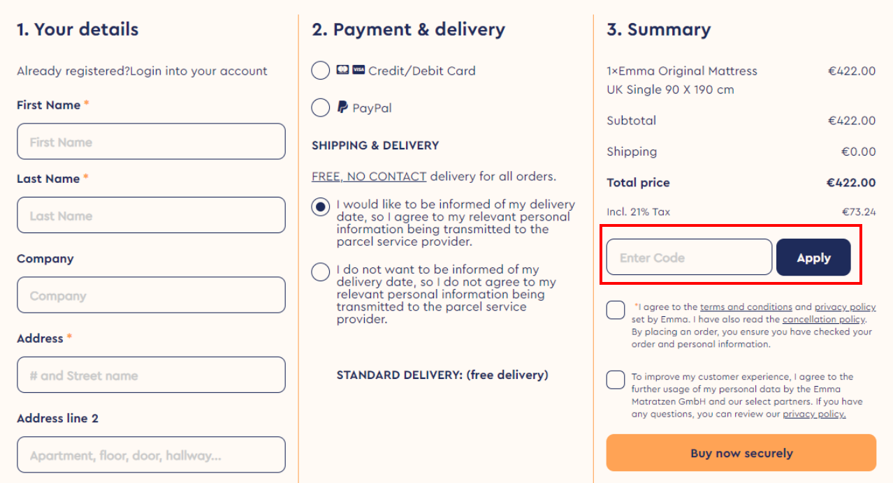 how to use Emma Mattress code?