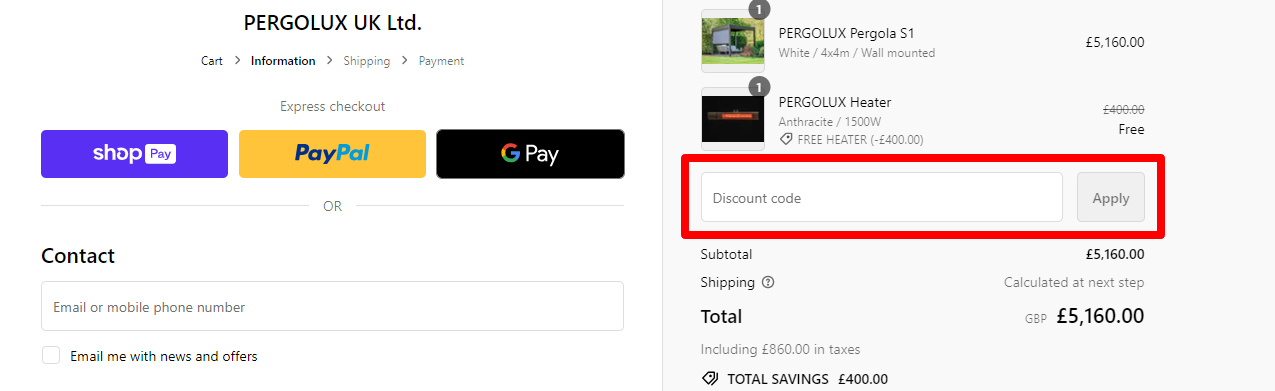 Pergolux checkout page with total price also showing the red box where the customer can place the Pergolux discount code