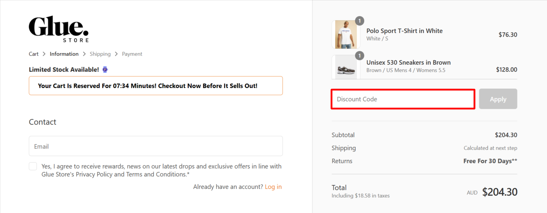 The brand checkout page with where to add the Glue Store discount code highlighted with a red box