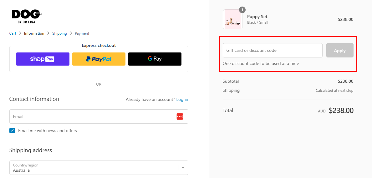 How do I use my DOG by Dr Lisa discount code?