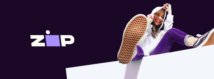 Purple and white Zip logo with a woman in a hoodie seated on a white block