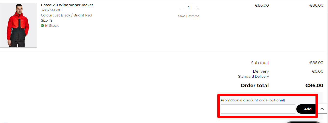 The brand checkout page with where to add the Monterrain discount code is highlighted with a red box