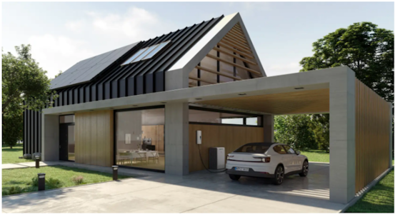 Eine moderne Wohnanlage mit einer Solaranlage und einem abgestellten E-Auto