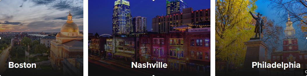 A collage showing the city of Boston, Nashville, Philadelphia as some of the places you can visit when using Hilton