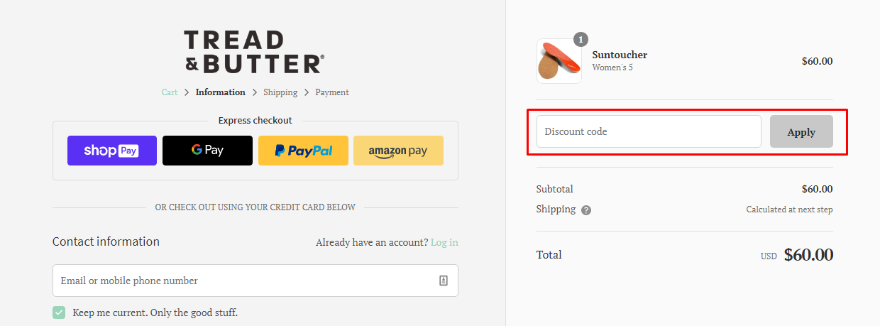 How do I use my Tread & Butter discount code?