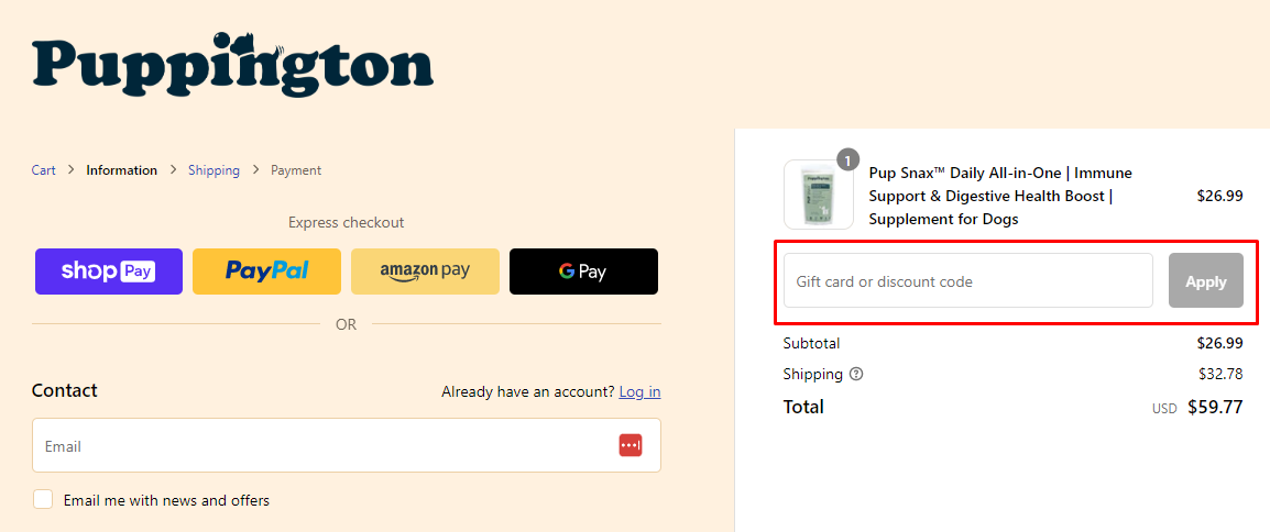 How do I use my Puppington discount code?