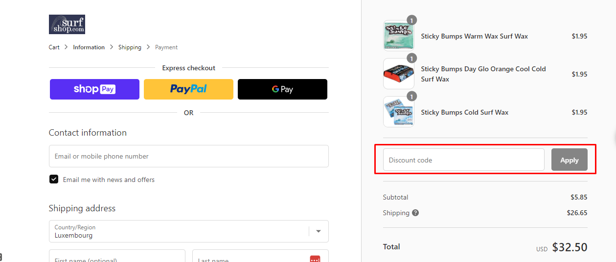 How do I use my SurfShop discount code?