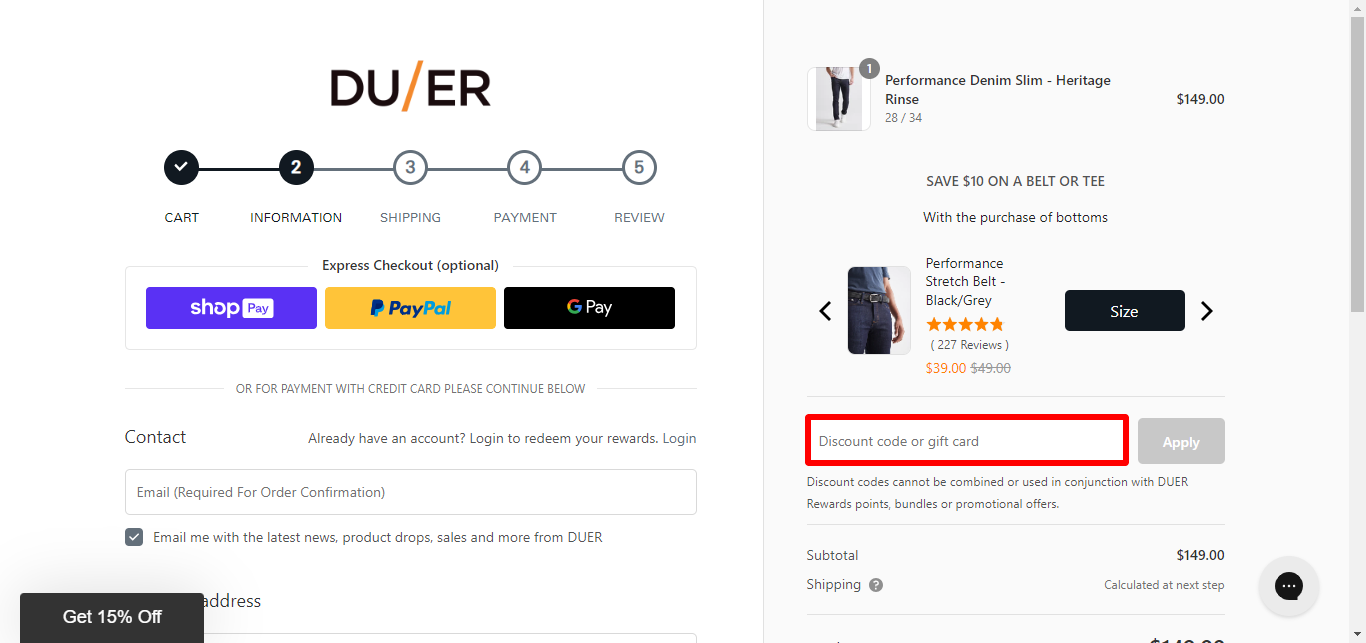 DUER Canada discount code place highlighted with a red box on their checkout page