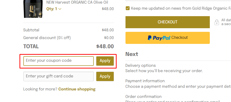 How do I use my Gold Ridge Organic Farms coupon code?