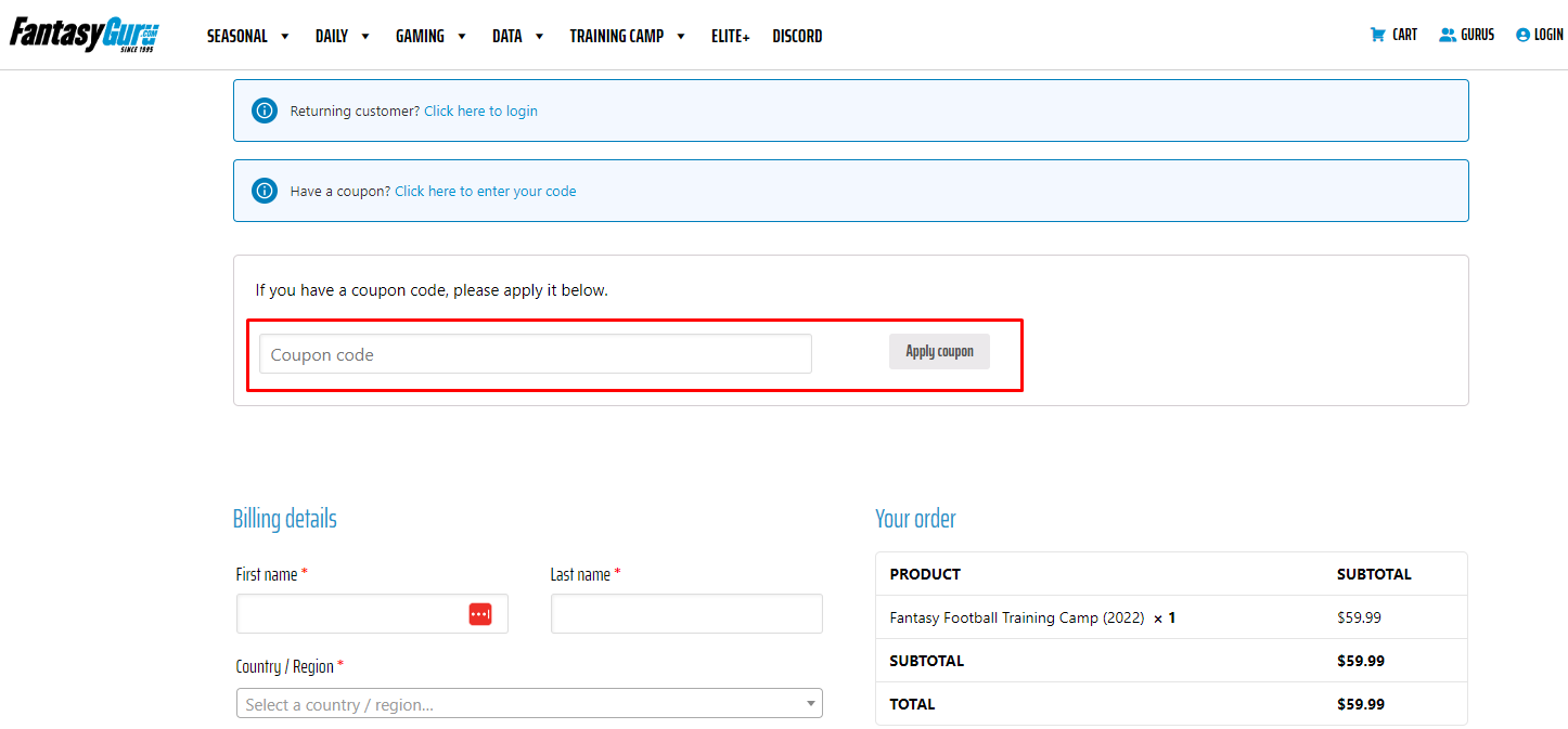 How do I use my Fantasy Guru coupon code?