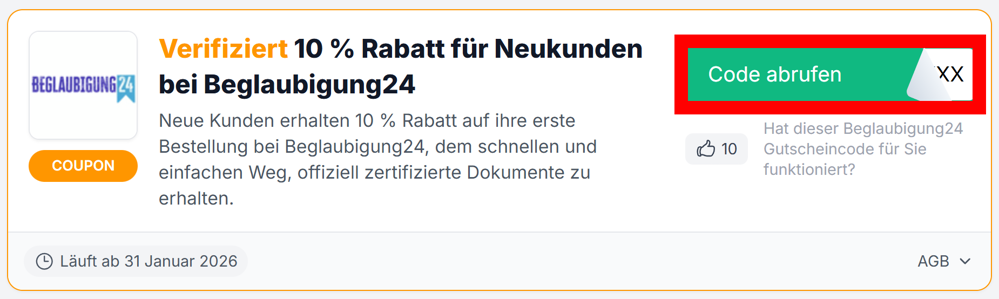 Angaben zu einem Rabattcode von Beglaubigung24 mit rotmarkiertem grünen Button