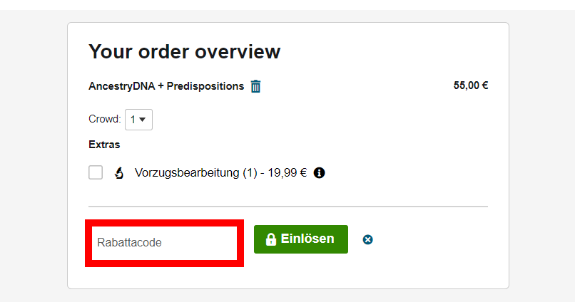 Checkout von Ancestry mit einem rotmarkiertem Eingabefeld für Gutscheincodes