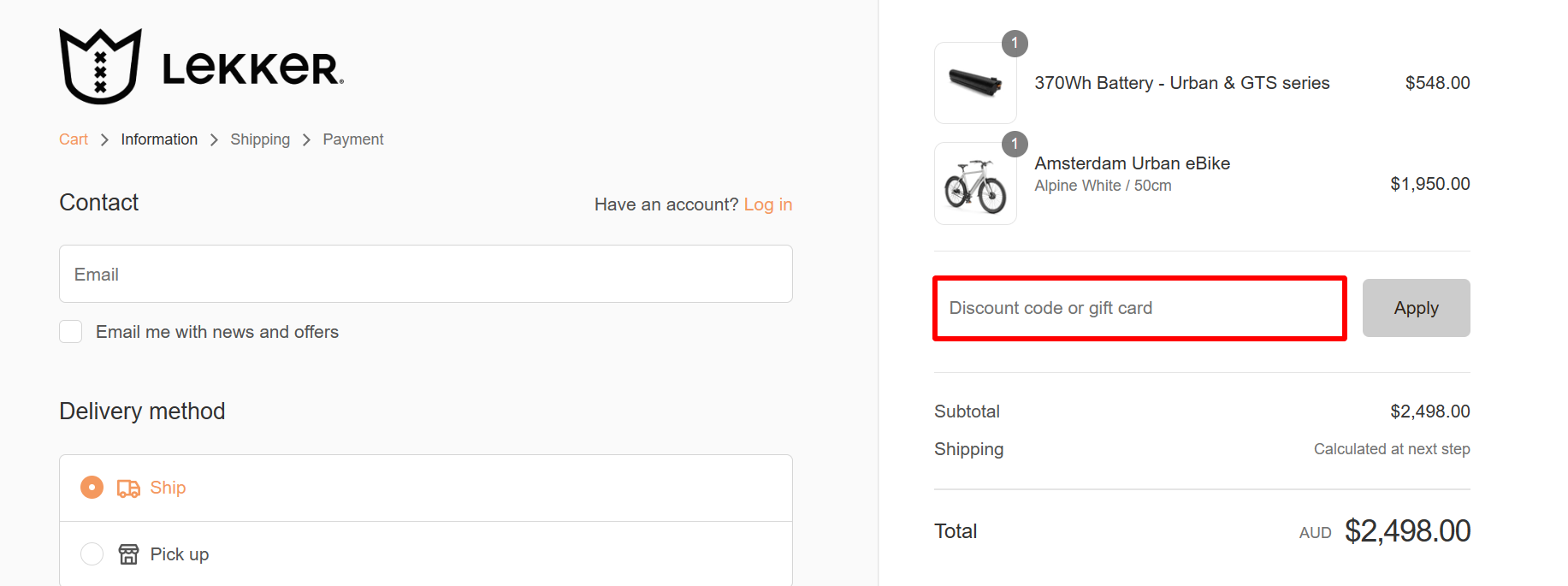 The highlighted red box at the brand checkout page is showing where to add the Lekker Bikes discount code.