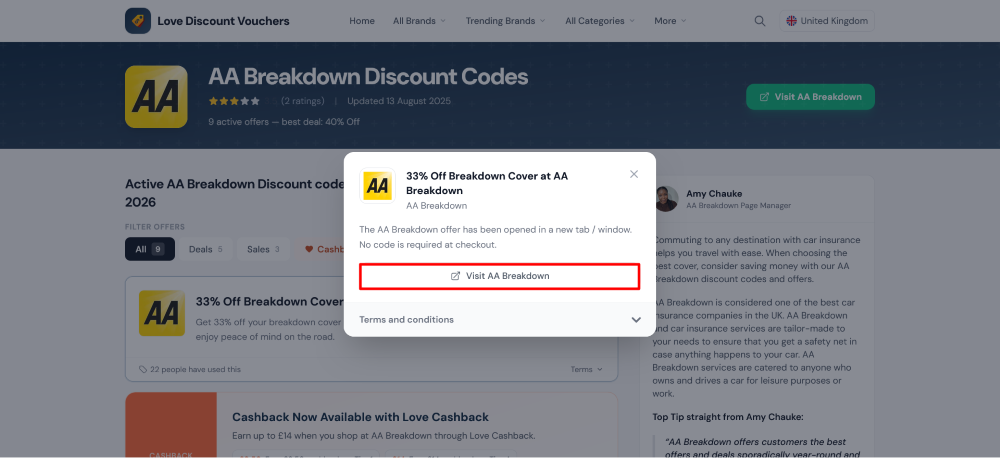 AA Breakdown Love Discount Vouchers page where one clicks to visit the website