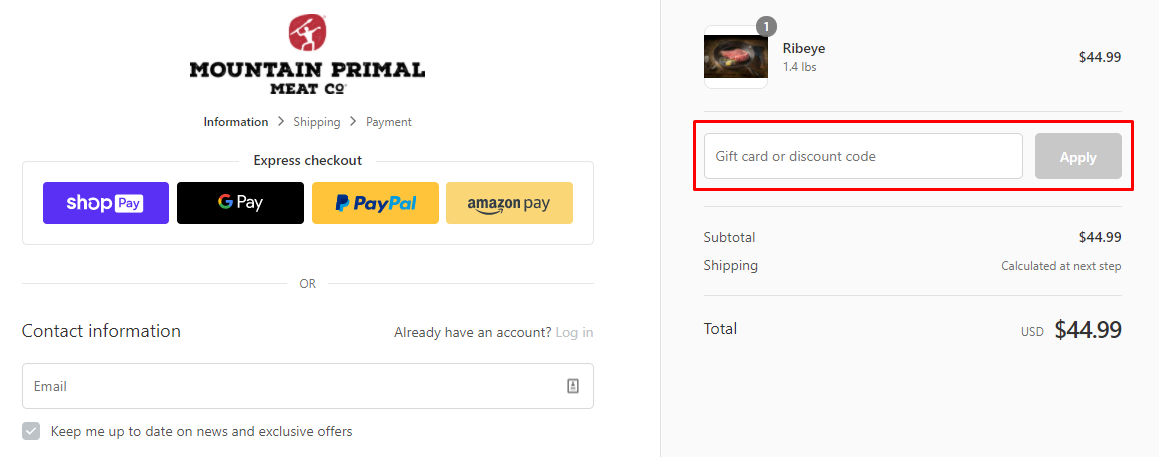 How do I use my Mountain Primal Meat Co. discount code?