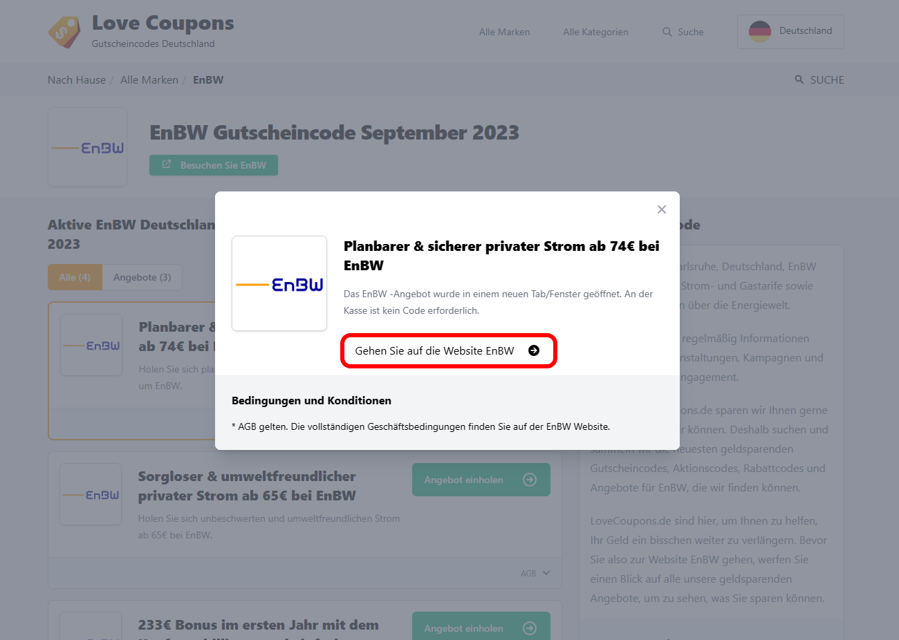 Die Lovecoupons Seite mit einem offenen Tab, welches ein Angebot für EnBW enthält