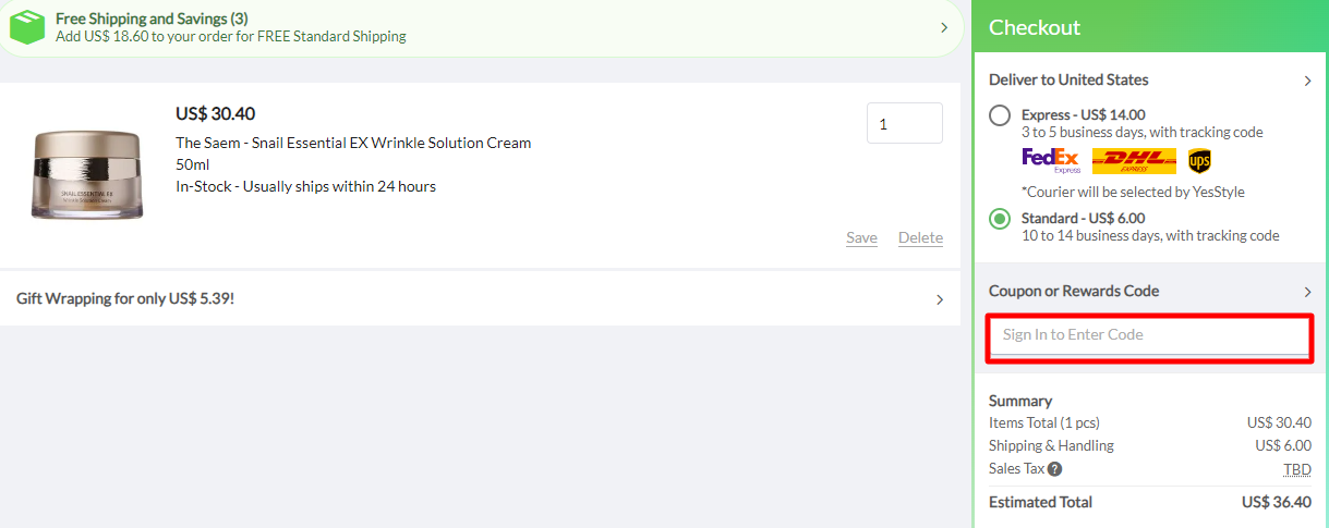 The brand checkout page with where to add the YesStyle coupon code is highlighted with a red box