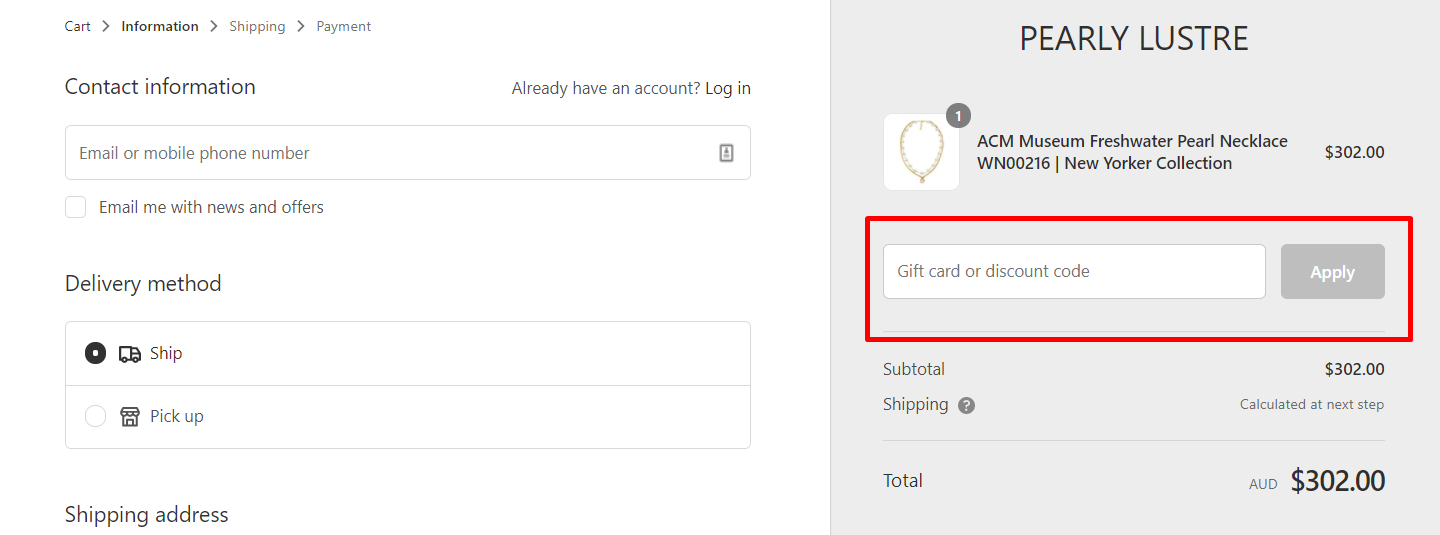 How do I use my Pearly Lustre discount code?