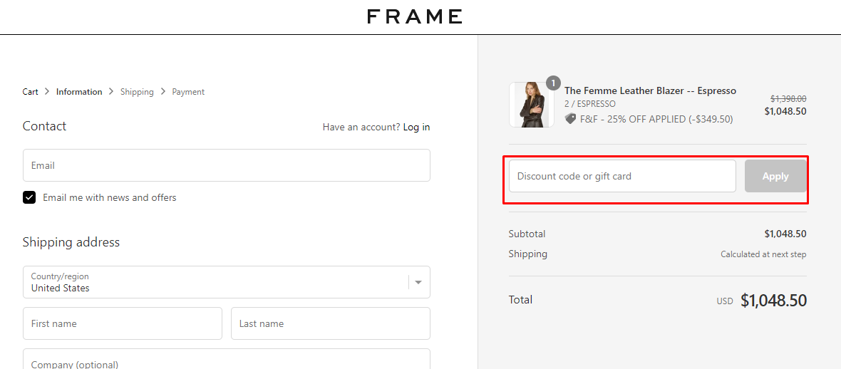 How do I use my FRAME discount code?