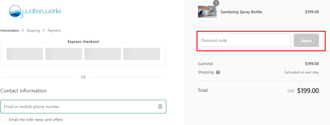 How do I use my O3waterworks discount code?