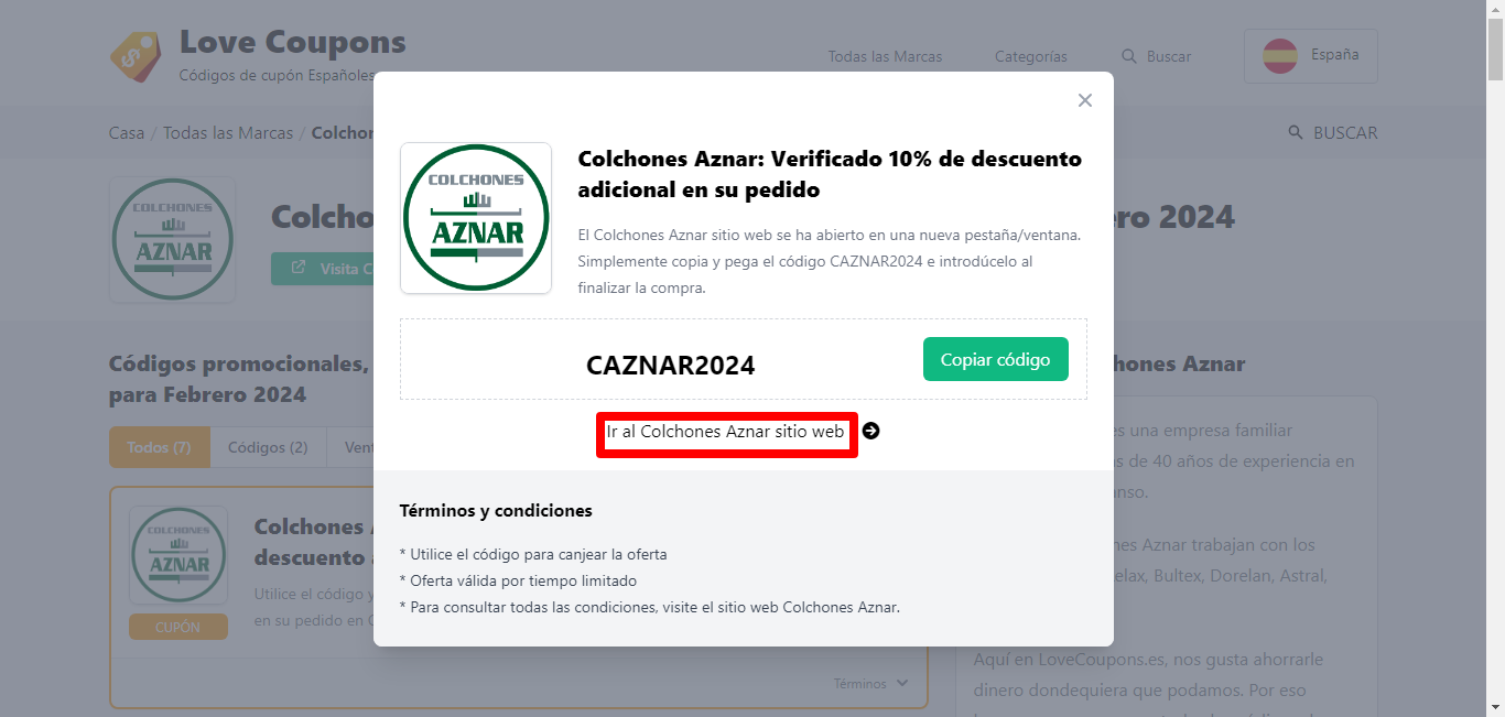 Cuadro mostrado sobre un fondo oscuro de un cupón de Colchones Aznar enseñando los términos y condiciones