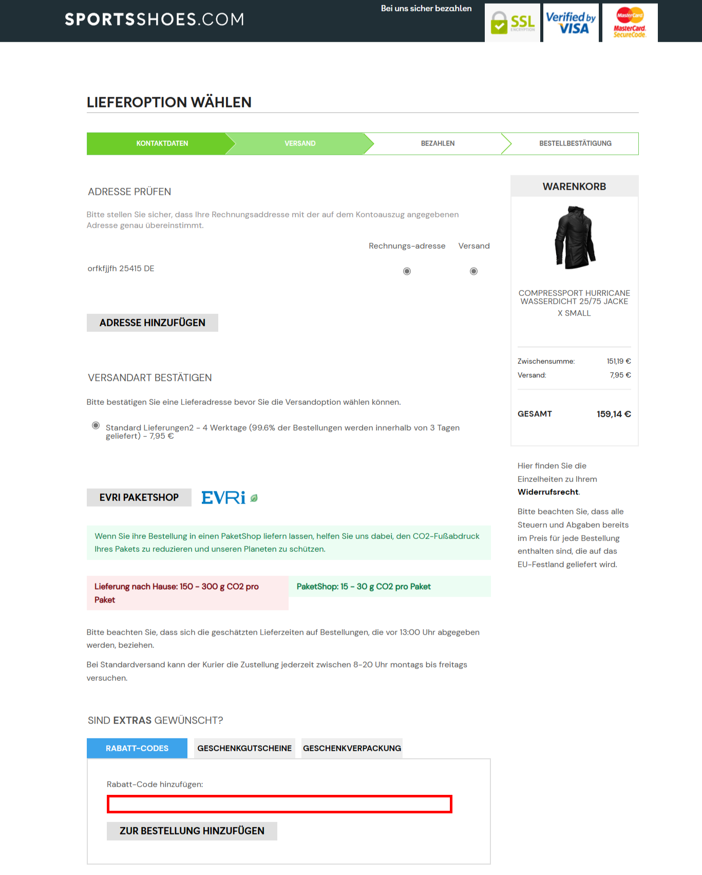 Die Kassen-Seite von SportsShoes mit rotmarkierter Stelle für den SportsShoes Rabattcode